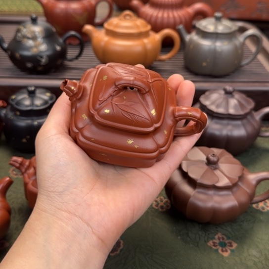 志***方紫砂茶壶宜兴紫砂四方竹鼓洒金