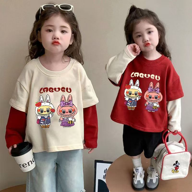 纯棉女童长袖T恤秋装2025新款儿童韩版宽松假两件印花上衣女孩