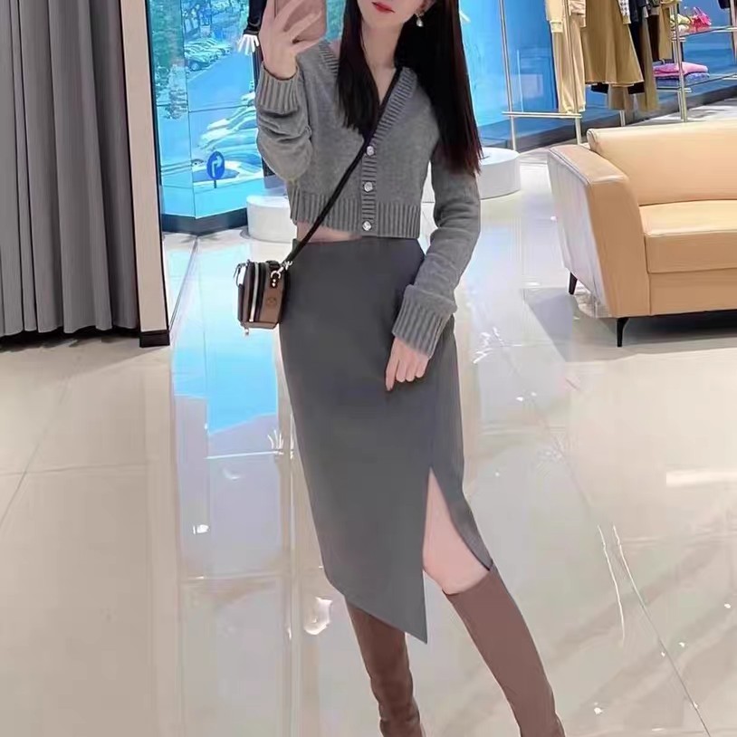 no退no换阿家秋季新款质感高腰过膝开叉半裙