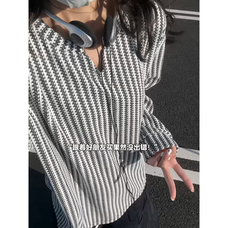 小香风鱼骨纹V领卫衣男女秋季cleanfit穿搭慵懒风潮牌打底衫长袖