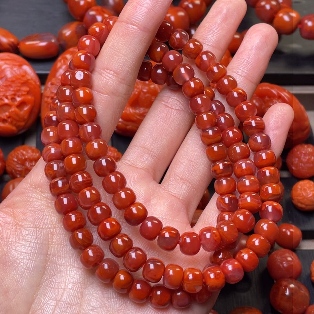 南红玛瑙其它未镶嵌y7.5mm瓦西牛血红火焰纹老型佛珠