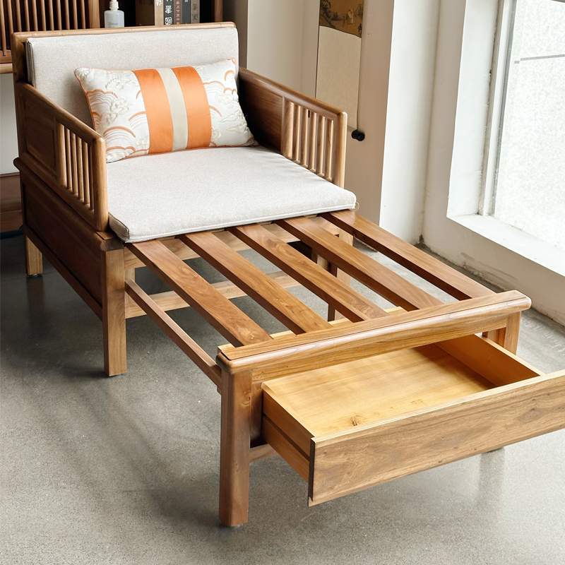 原木榫卯推拉折叠单人沙发多功能沙发床