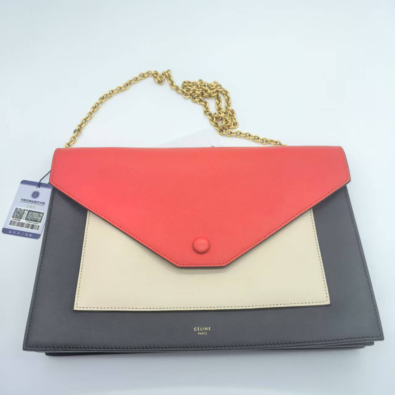 95新 Celine/思琳 赛琳红拼白邮差包