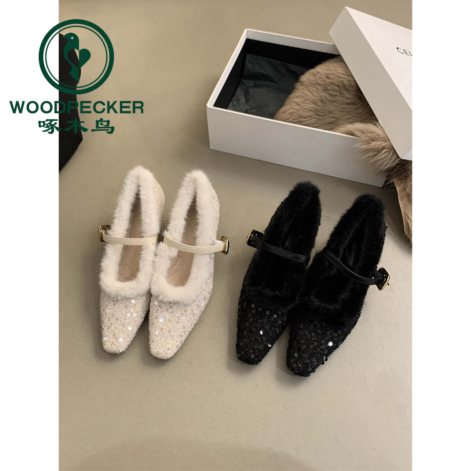 啄木鸟法式仙女细跟高跟鞋2025新款气质毛毛鞋女外穿女士玛丽珍鞋