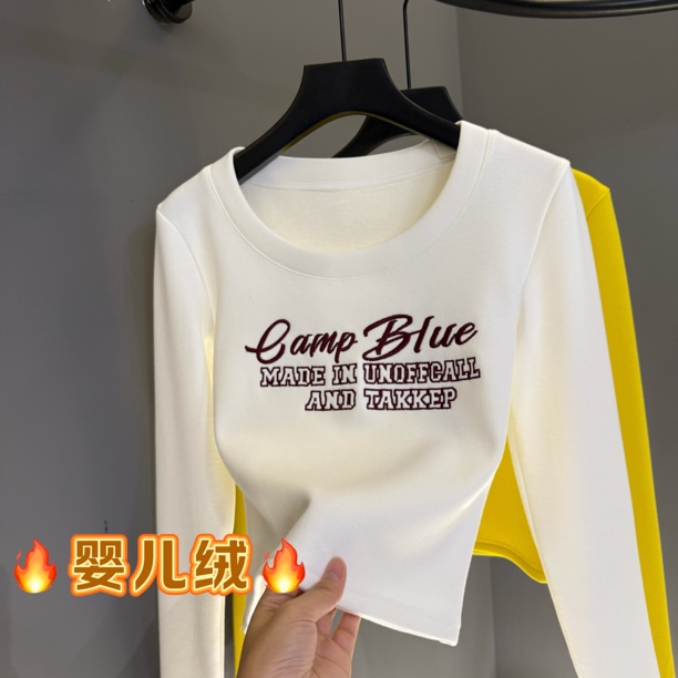 长袖t恤内搭打底衫女冬季新款女装修身显瘦刺绣加绒保暖上衣7326#