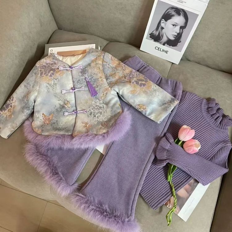 女童冬装加绒套装2025新款儿童韩版休闲中国风唐装新中式三件套潮