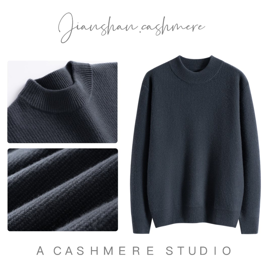 【繁星点点~】100%山羊绒 双股纱重磅提花半高领男士羊绒衫