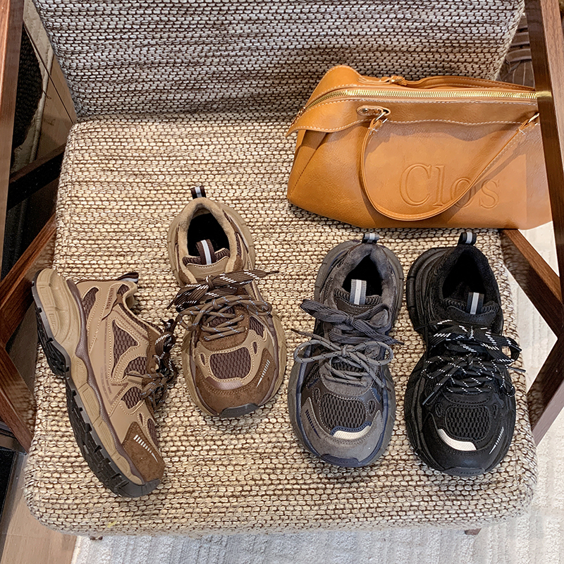 【轻奢高定】焦糖小怪兽欧货复古老爹鞋女2025秋冬加绒厚底运动潮鞋