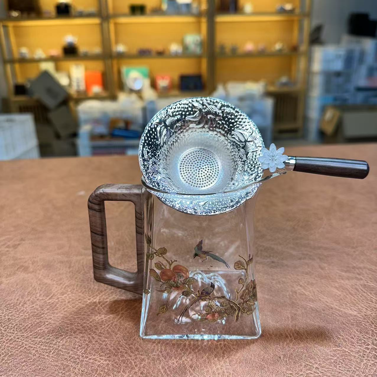 ZHTJ0054-喜上眉梢公道杯+镀银茶漏