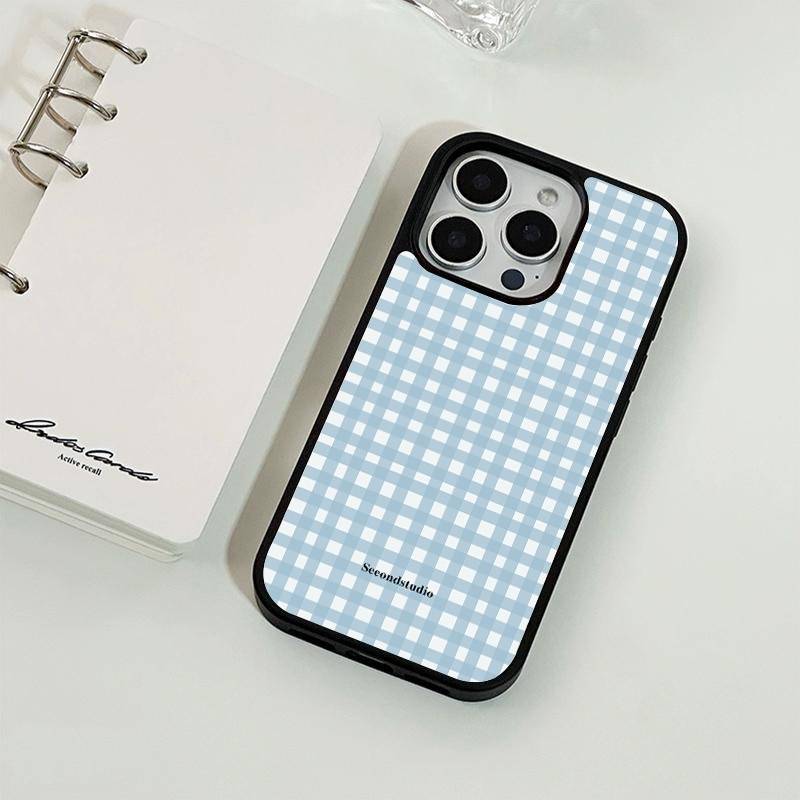 新款韩系蓝格纹玻璃手机壳13适用苹果16小米17pro荣耀90华为15/14