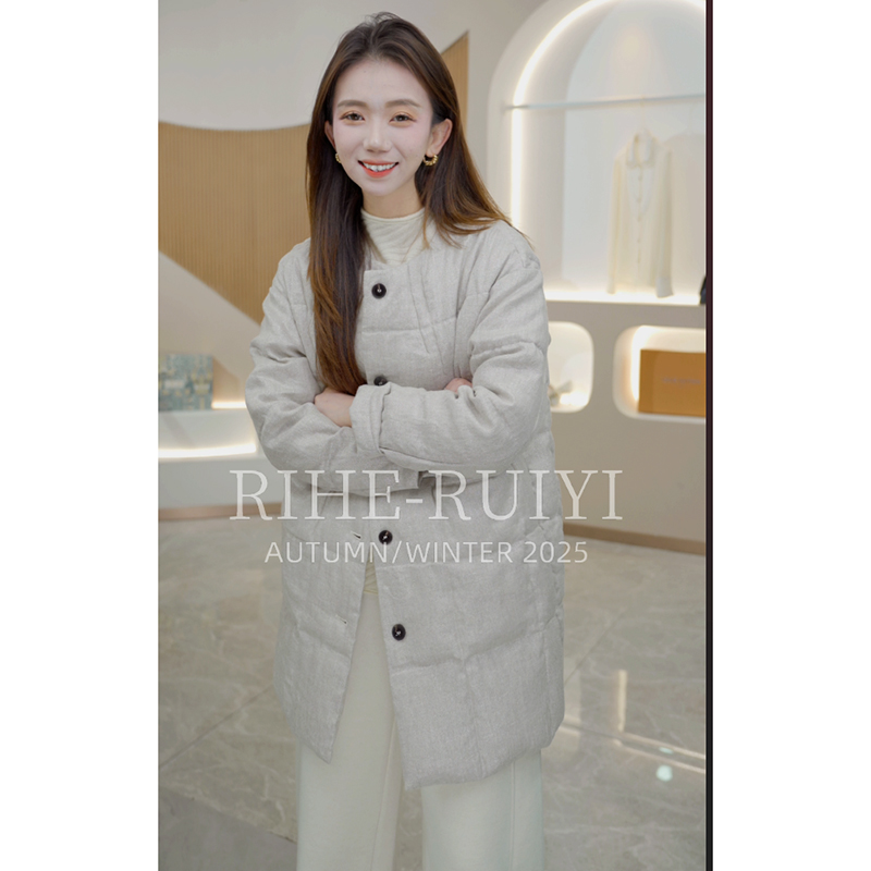 R H 【极光】复古质感亚麻圆领白鹅绒休闲设计师款羽绒服2500144