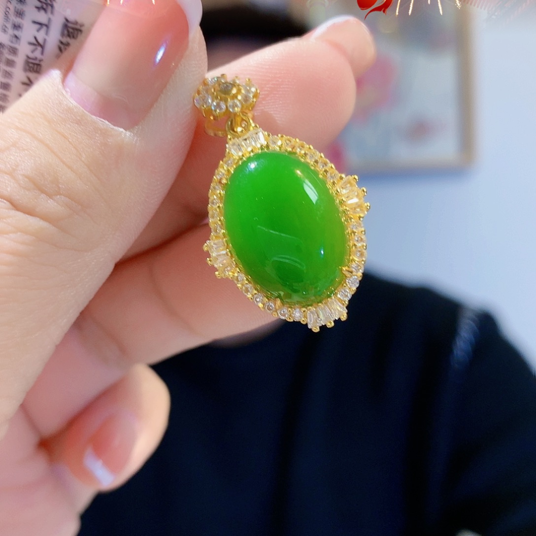 和田玉（碧玉）颈饰银S925镀金镶嵌