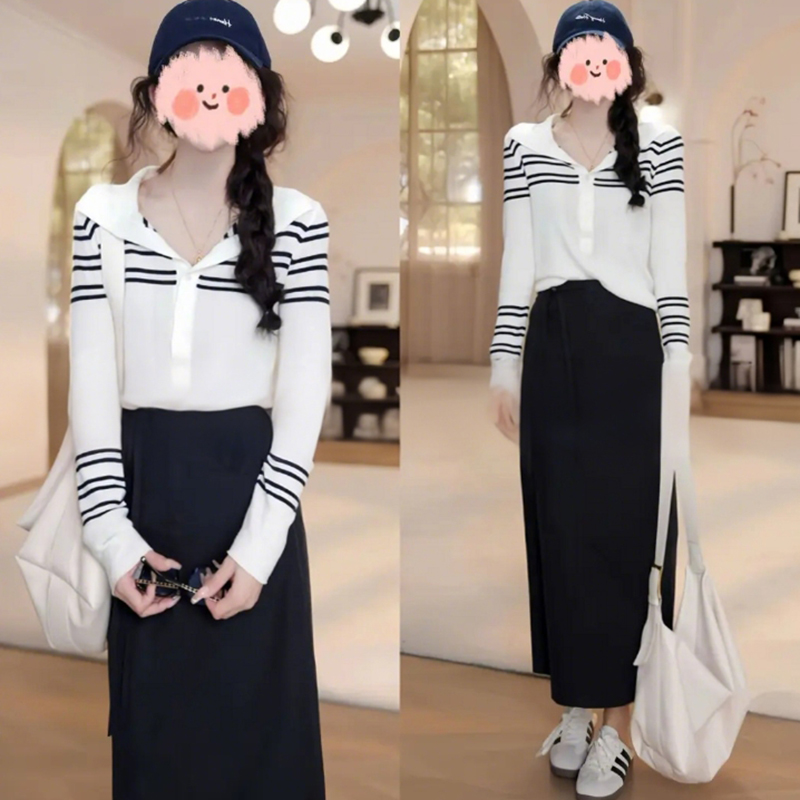 高级感条纹针织上衣+高腰半身裙两件套女2025春季小众设计感套装
