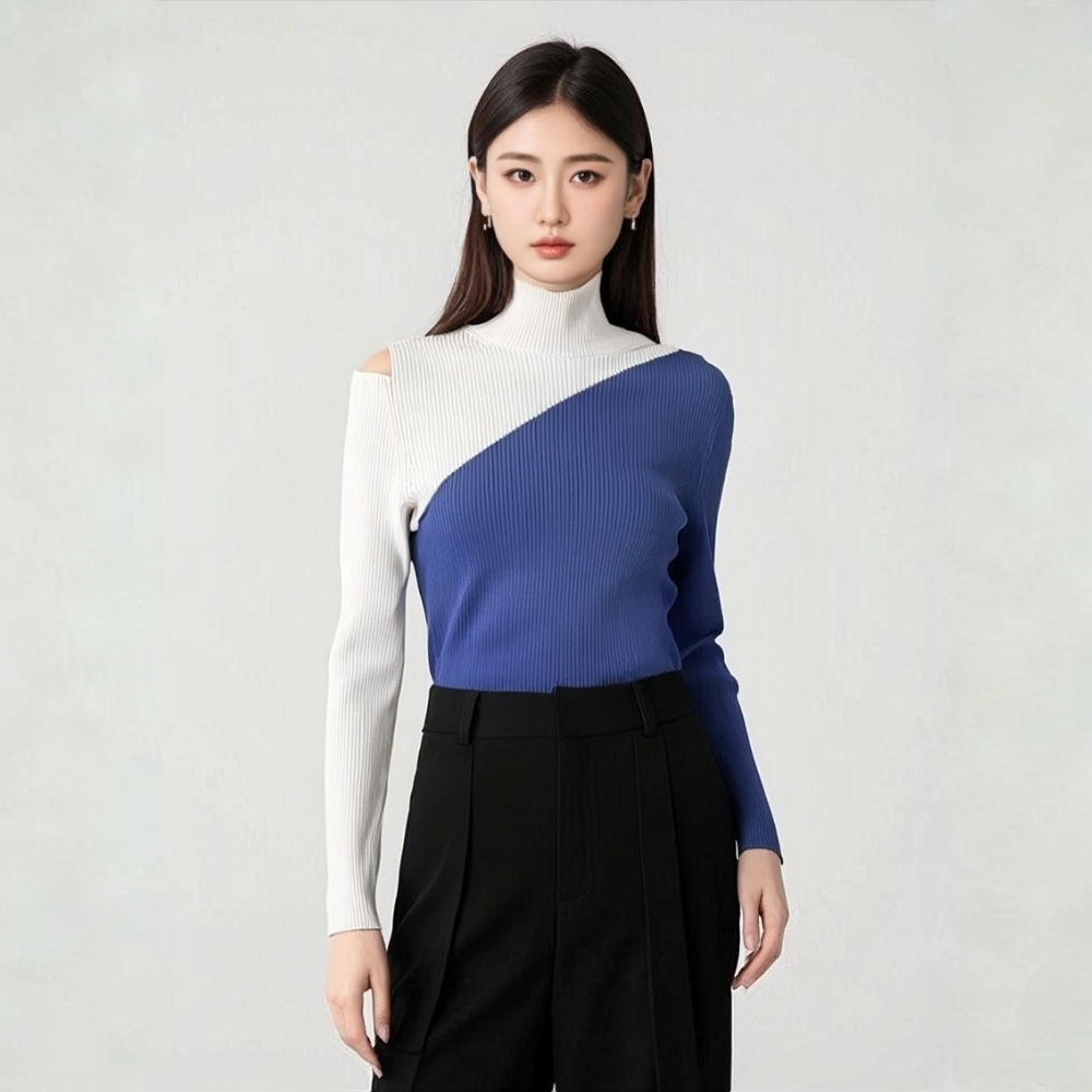 艳儿家【拼接撞色露肩】针织小众设计显示女士高领毛衣长袖蓝色时尚