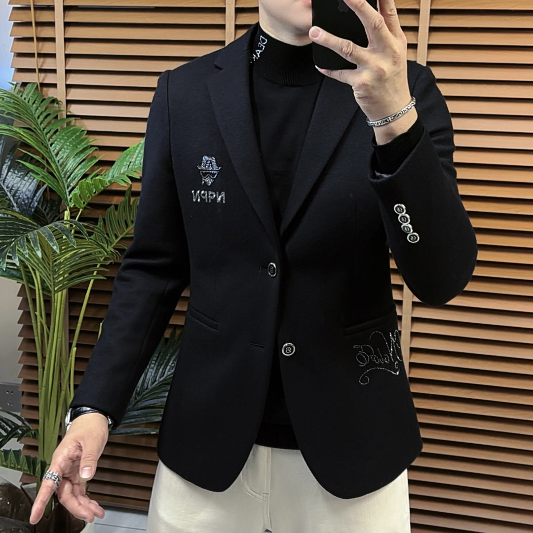 时尚休闲提花西服上装印花男士烫钻秋冬修身型