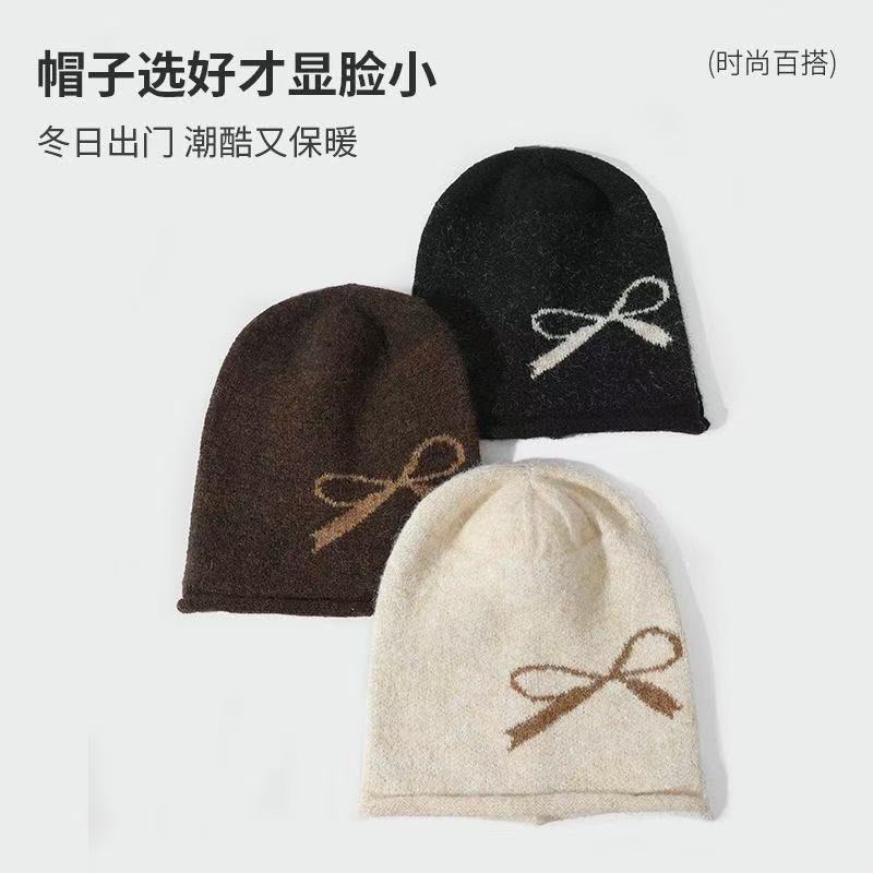 秋冬日系复古蝴蝶结提花大头围包头针织帽保暖显脸小堆堆帽