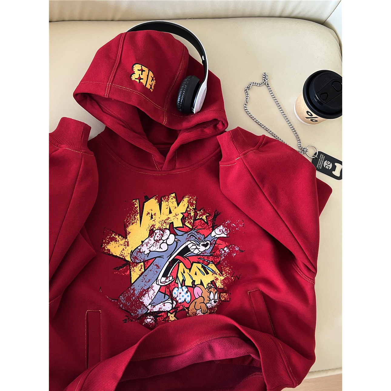 2025冬款童装儿童加绒红色连帽卫衣韩版明线卡通男童加厚柔软卫衣