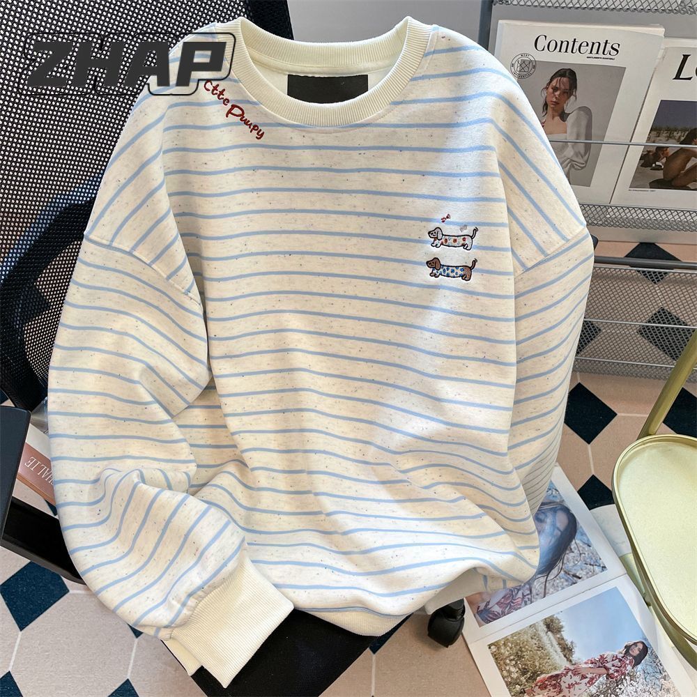 【ZHAP】韩系刺绣腊肠条纹长袖卫衣女秋冬设计感慵懒风上衣双11好物