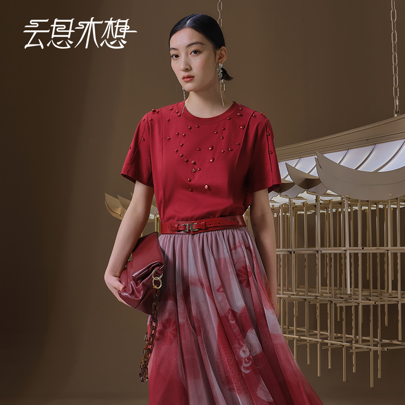 Ysimo-X云思木想 星语梦珠 珠子装饰桑蚕丝圆领短袖优雅T恤12744