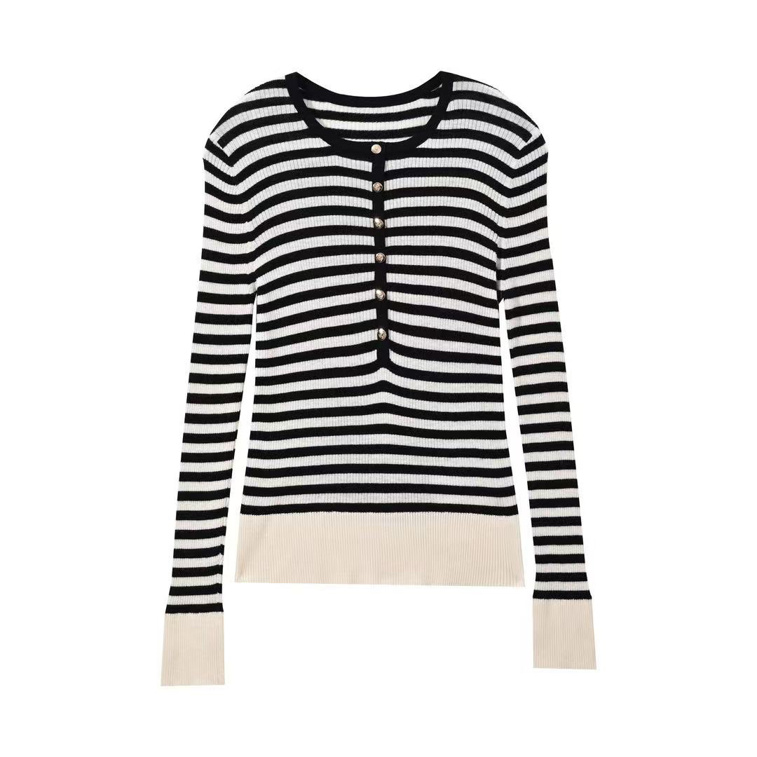 【E？R】超细黄金羊毛亲肤显瘦长袖亨特领纽扣圆领打底条纹针织衫