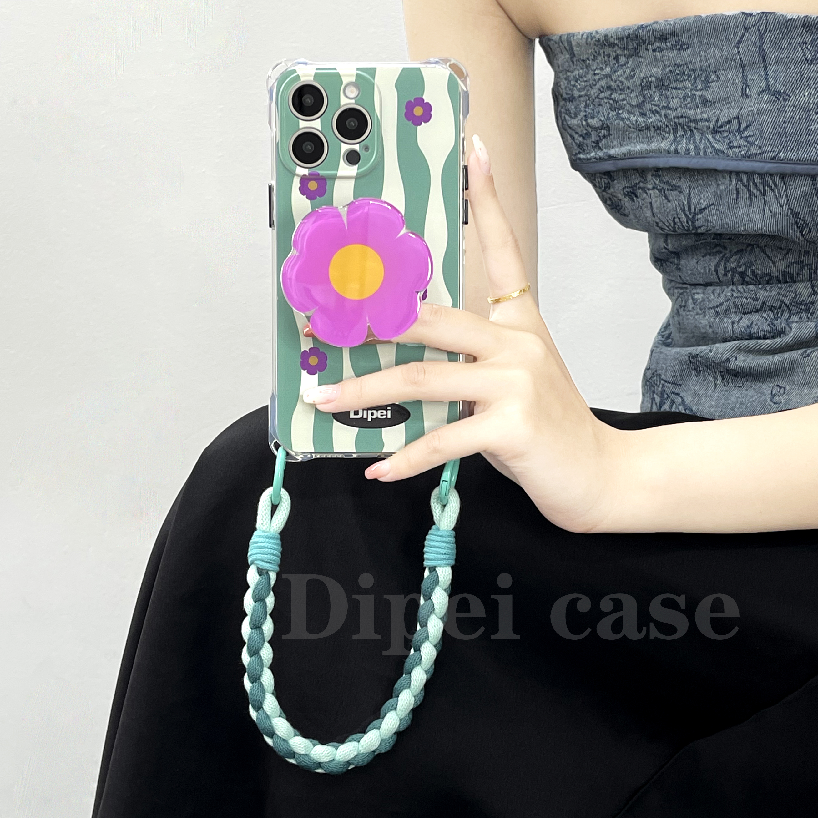 泫雅四角带孔手机壳带支架斜挎挂绳手提适用iPhone苹果华为小米