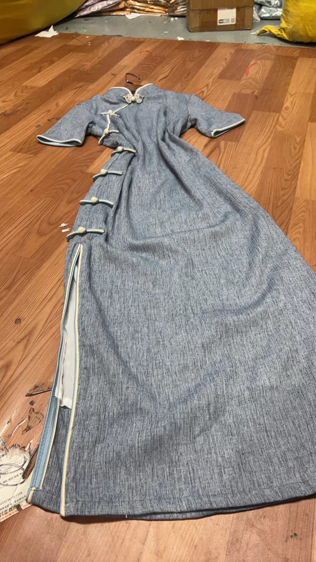 674-牛仔蓝 桃心扣 夹色包边 复古 旗袍