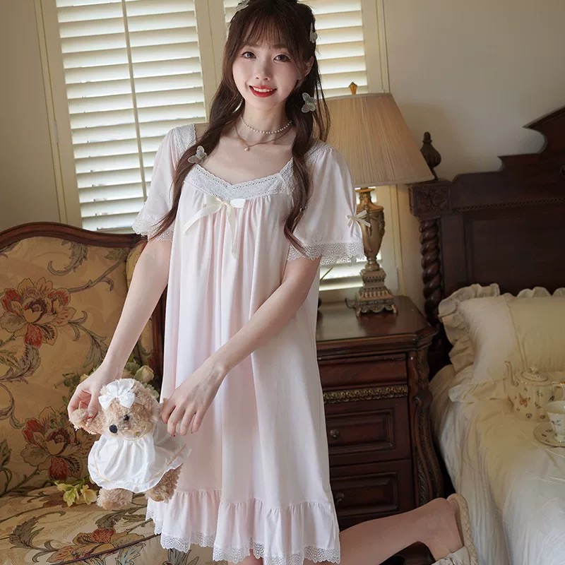 少女心睡衣韩系纯色钩花短袖睡裙女夏季轻薄短裙家居服