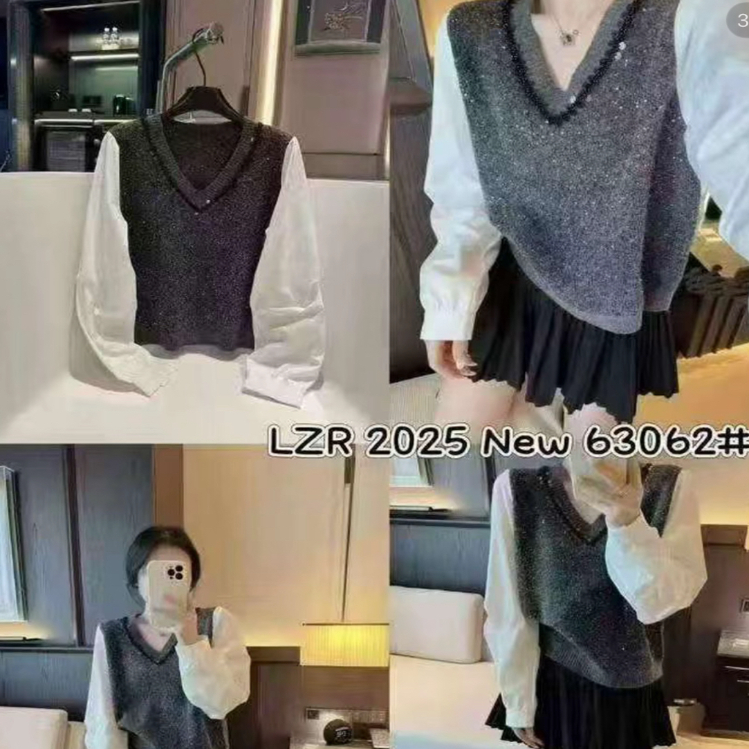 美美推荐157假两件针织亮片V领短款上衣