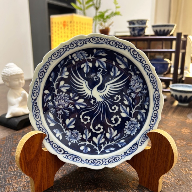 Q025[青岚]景德镇手工手绘青花玄鸟壶承—15cm