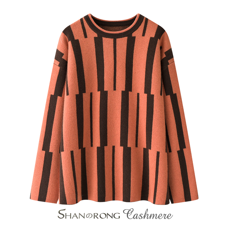 宠粉折扣100%纯山羊绒错位彩条厚款针织毛衣秋冬保暖上衣约470克