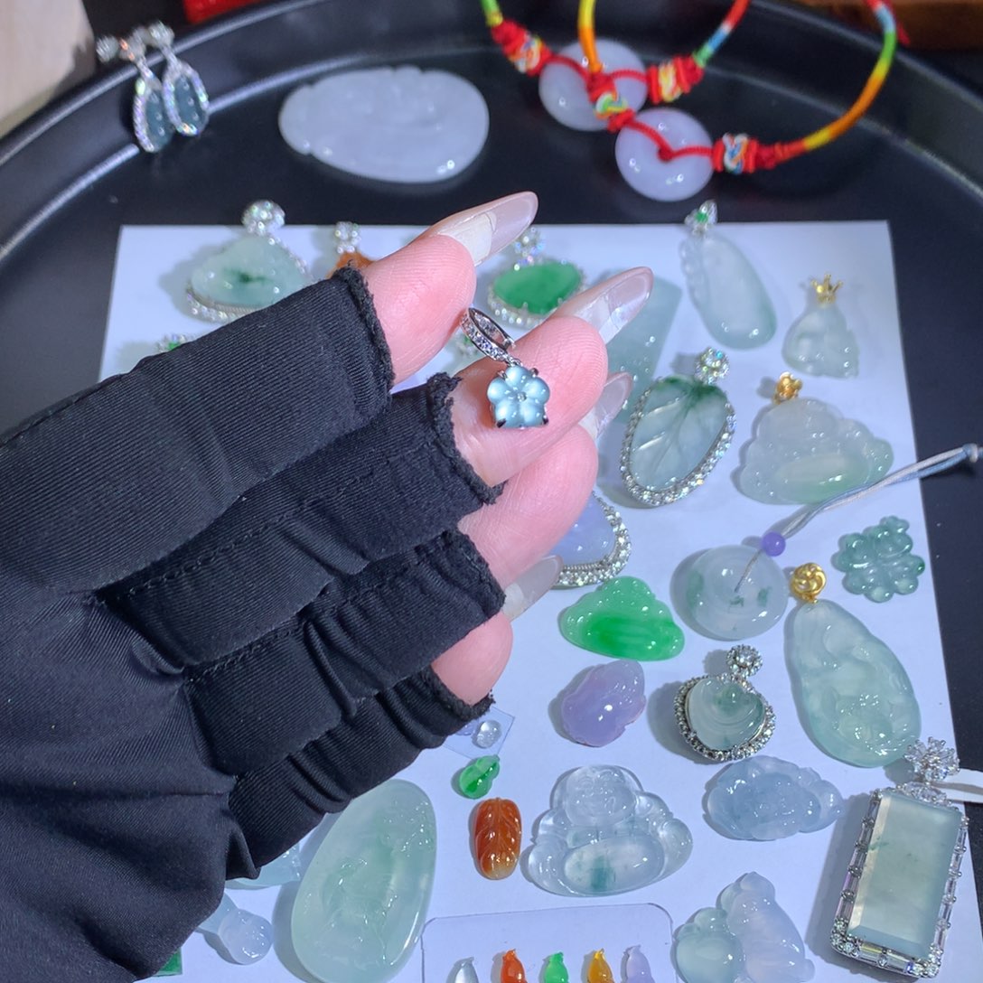 翡翠银S925镶嵌吊坠(不含链)冰蓝花