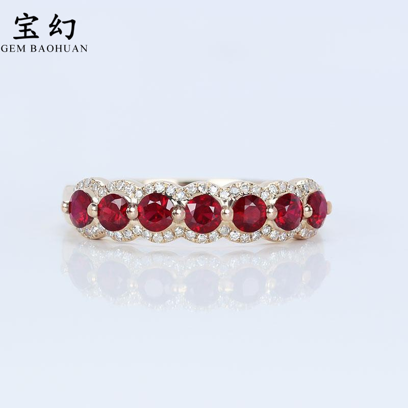18K玫瑰金天然鸽血红宝石钻石排戒 正圆形高火彩女款戒指指环