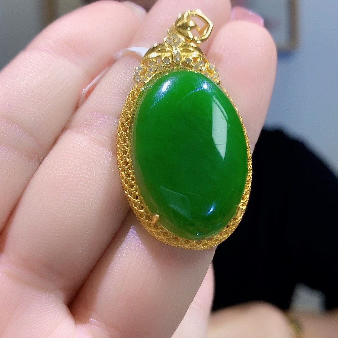 和田玉（碧玉）颈饰银S925镀金镶嵌