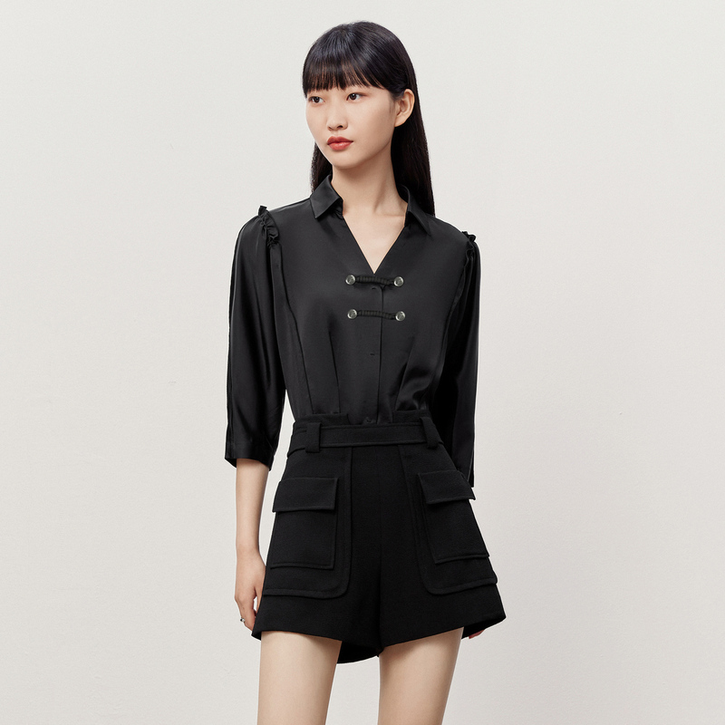 HPLY荷比俪夏季新款女V领优雅花边柔软衬衫HZD22630270
