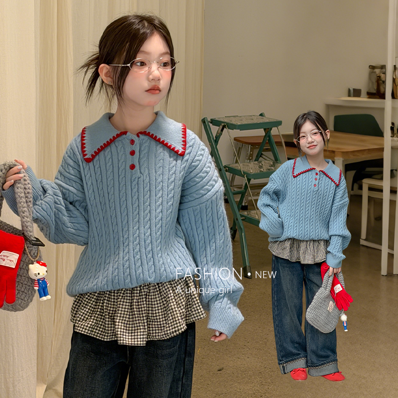 女童蓝色毛衣2025冬装新款韩国儿童洋气针织衫中大童女孩甜美上衣