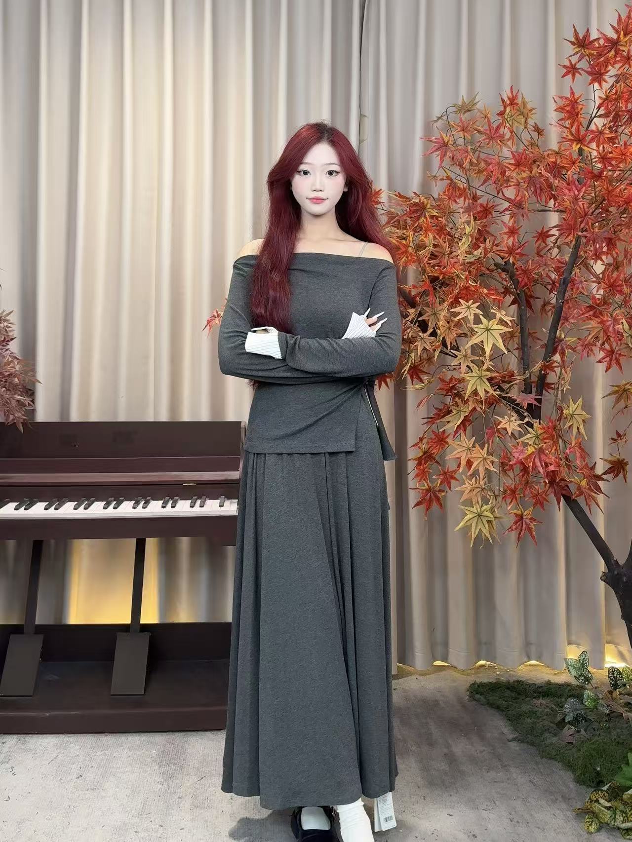 春季新品高腰法式显瘦气质上衣AXQ522075+ASS521074