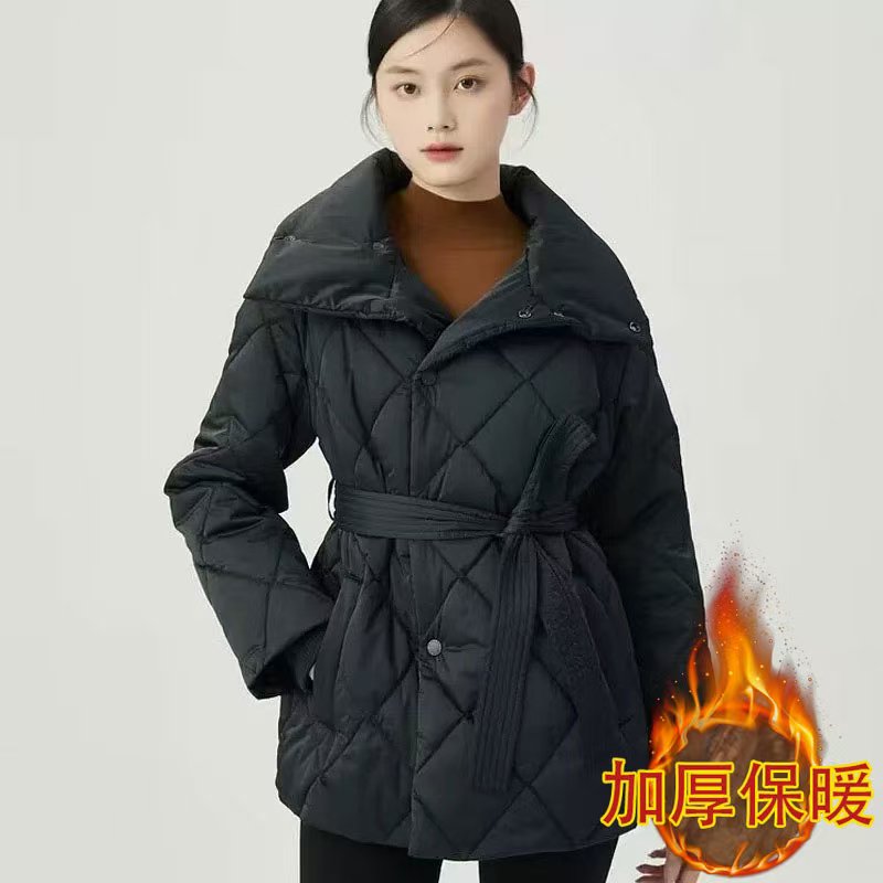 【商场同款】新雪丽棉衣保暖系腰带显瘦纯色菱格棉衣外套1400729