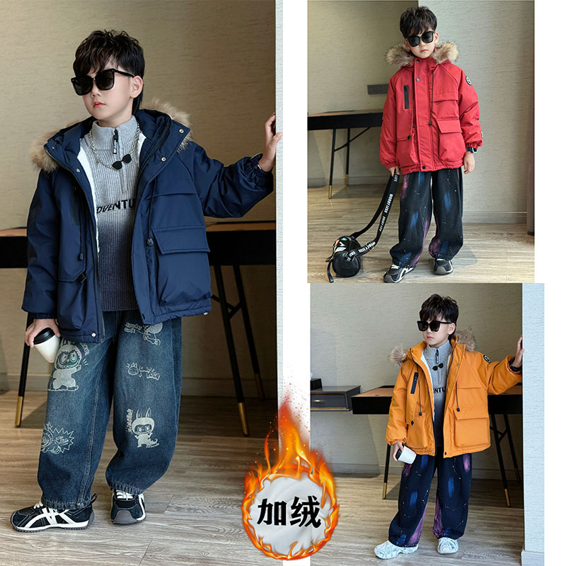 男童新款百搭宽松连帽派克服中大童休闲纯色夹棉加厚外套保暖棉服