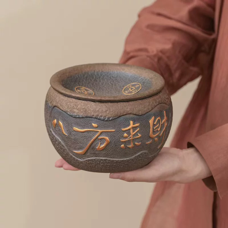 （空）八方来财茶渣缸 茶洗复古风粗陶带盖大容量过滤干湿分离功夫