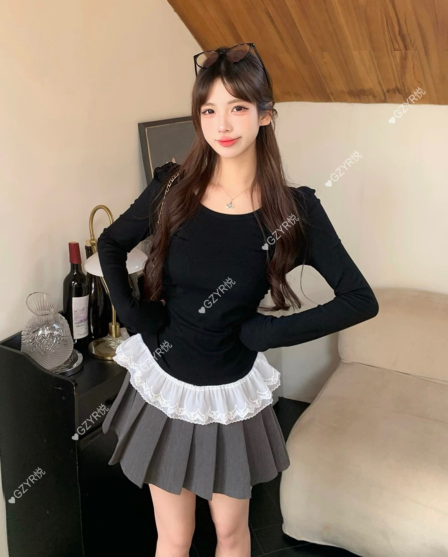 春季新品简约双层花边蕾丝拼接长袖上衣T恤叠穿打底衫显瘦百搭