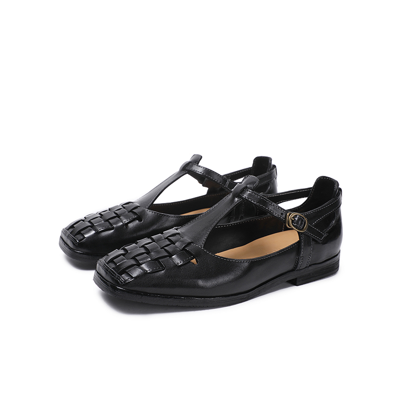 小众马皮女鞋编织方头平底浅口一字带复古编织镂空夏季透气单鞋女