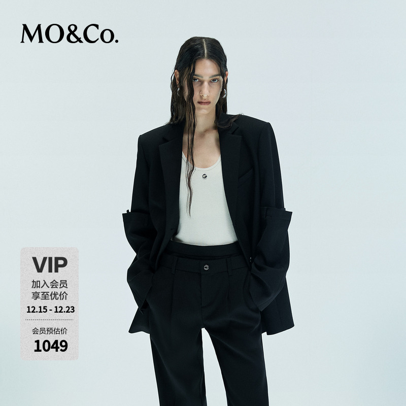 MOCO西装绵羊毛精纺黑色中性垫肩设计感拼接长袖外套MBD3BLA008