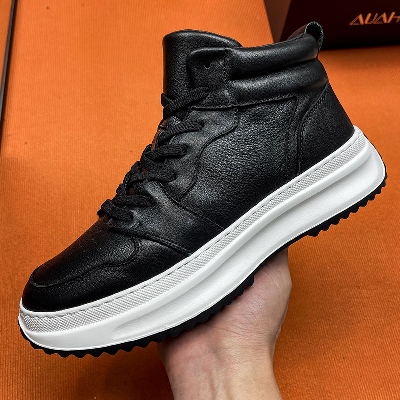 新款真皮高帮鞋男厚底增高百搭头层牛皮短靴时尚潮牌软弹休闲男鞋