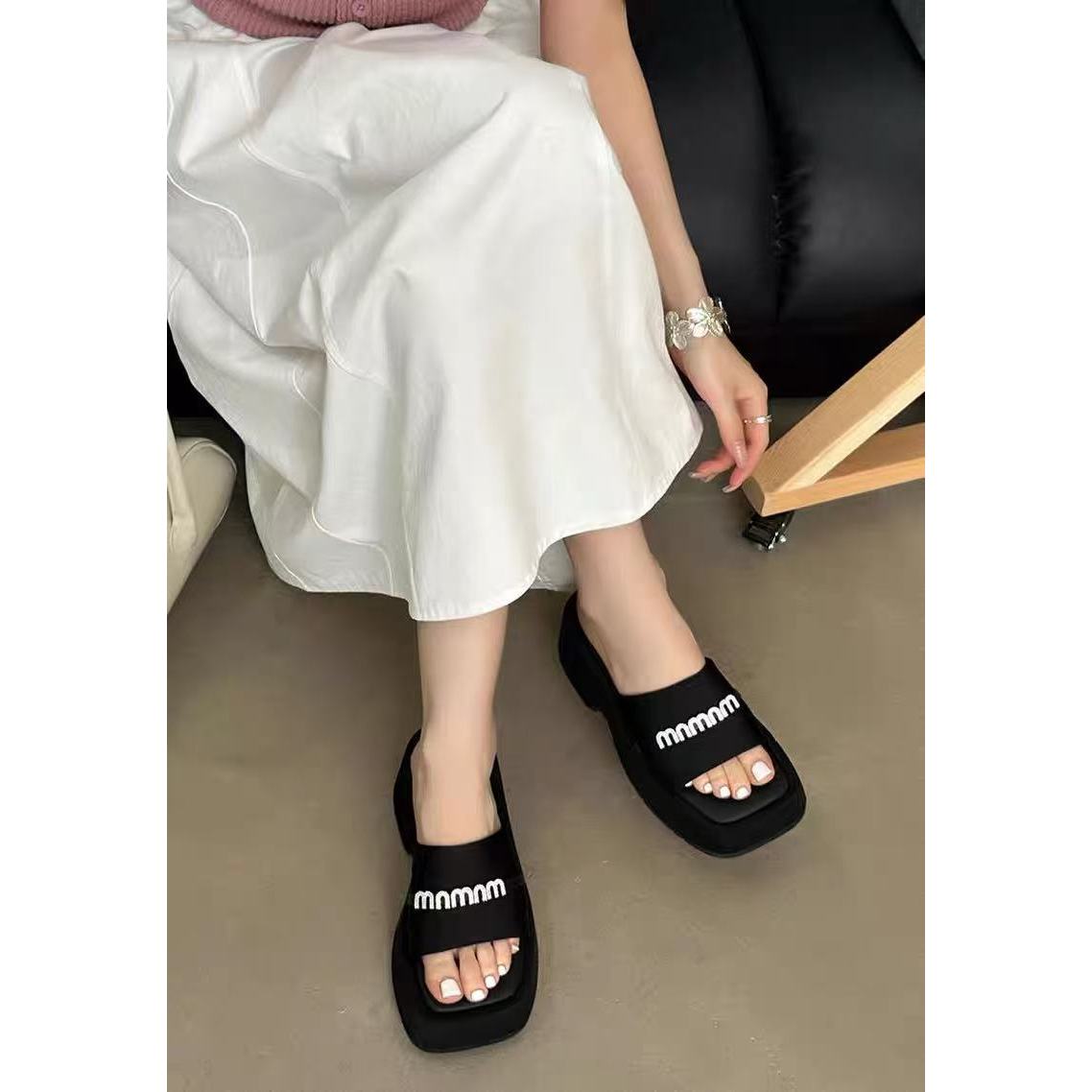 方头水钻字母一字拖鞋女款夏季外穿时尚小个子松糕厚底5C10-209-5