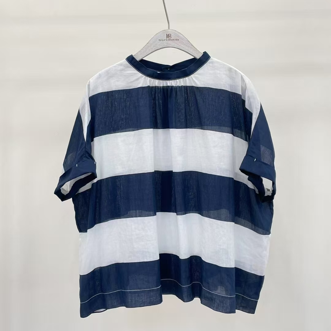 夏季新品宽松时尚藏青条苎麻棉上衣（99090）百搭