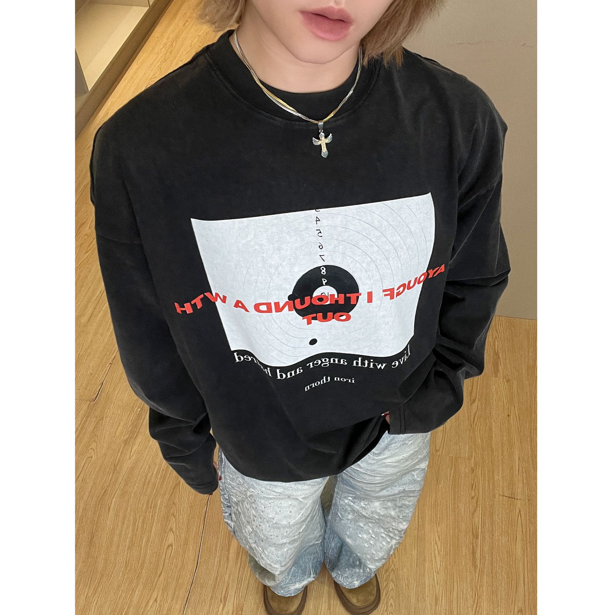 【正中靶心】街头美式休闲印花重磅宽松男女长袖打底T恤卫衣秋冬