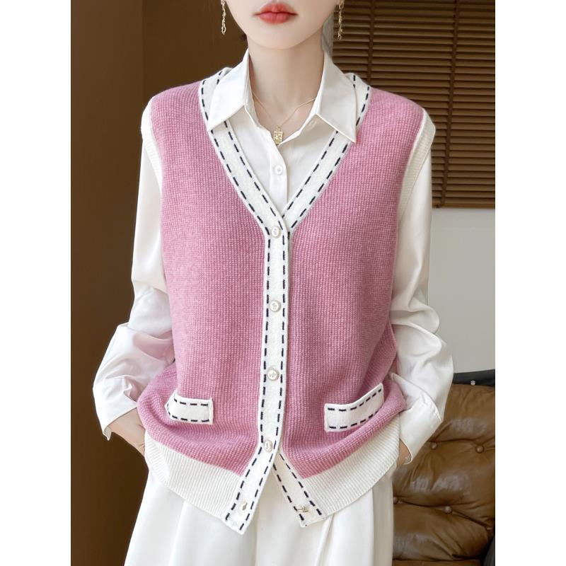 100%纯羊毛女士桂花针小香风羊毛马甲D459