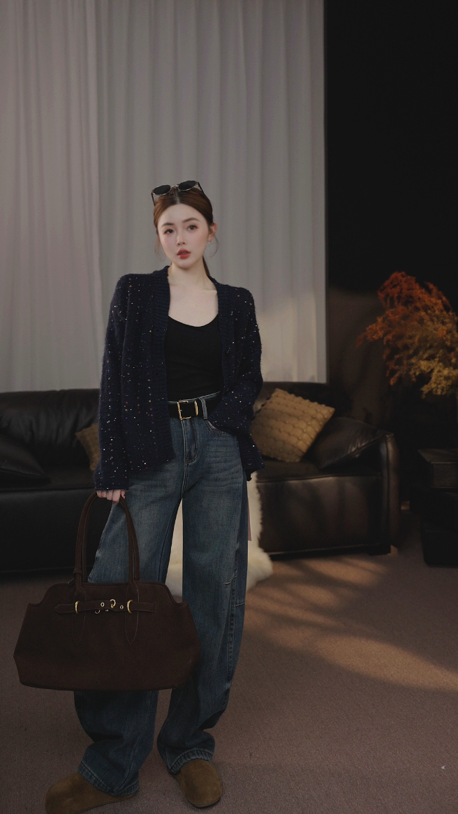 【佳佳】宽松型圆领针织长袖V领毛针织衫上衣百搭设计师轻奢JQ50124