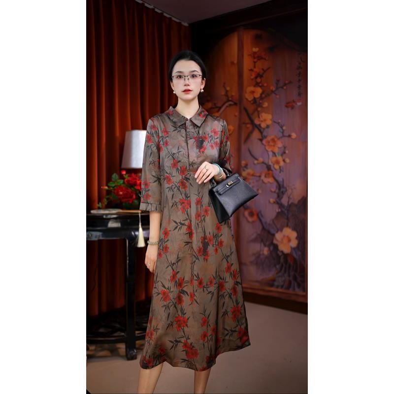 （晚棠）七分袖大摆裙新中式套头款连衣裙时尚旗袍中国风中老年