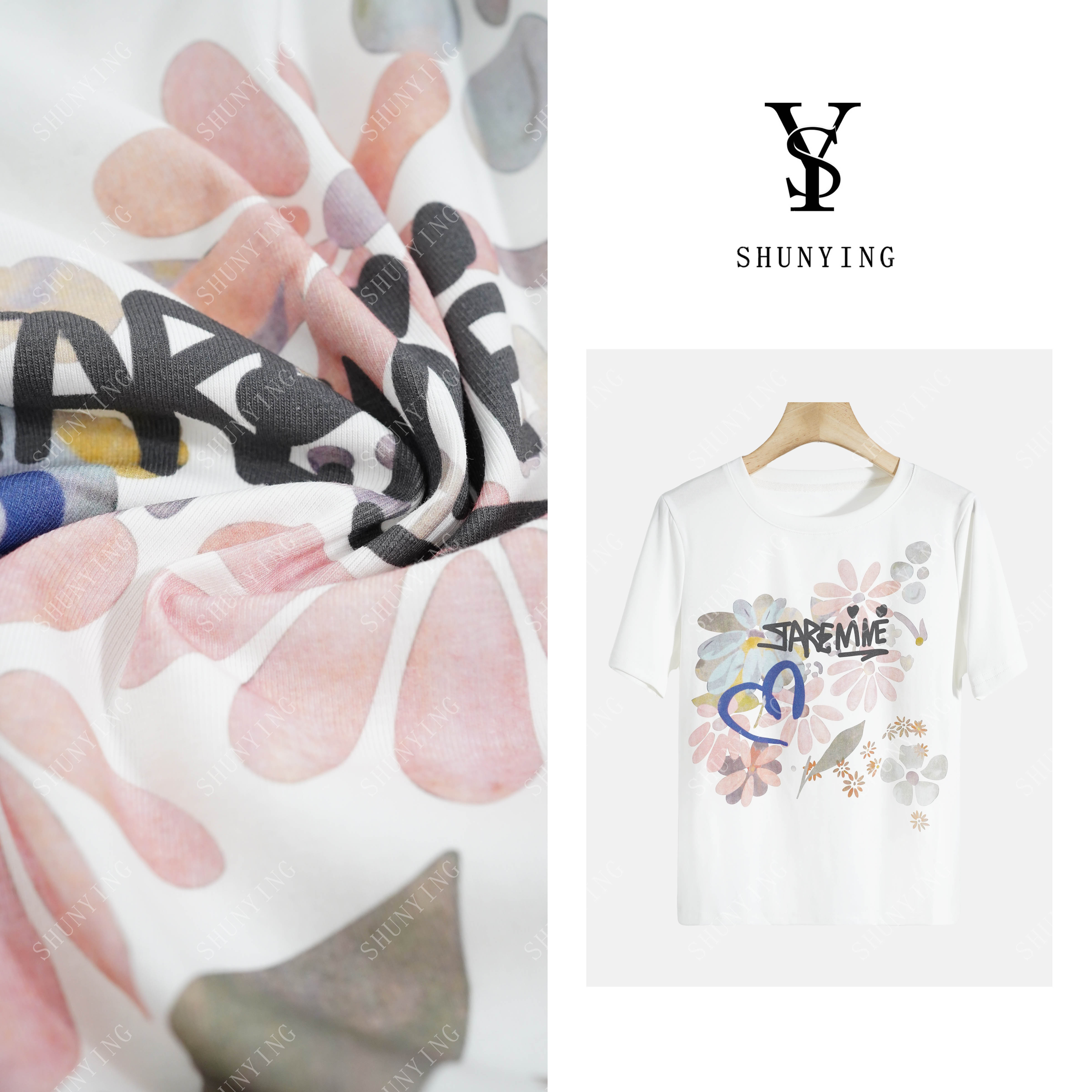 【仟娜】清新夏季~高级感花朵涂鸦印花字母短袖T恤SY72T580